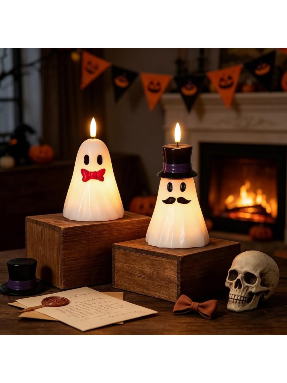 2PCS Halloween Hand Painted Ghost Flameless Candles 6H Timer Real Wax Indoor - Picture 5 of 7